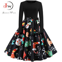 Zimowe sukienki świąteczne damskie 50S 60S suknia w stylu Vintage Swing Pinup elegancka sukienka z długim rękawem Casual Plus rozmiar wydruku czarny 4